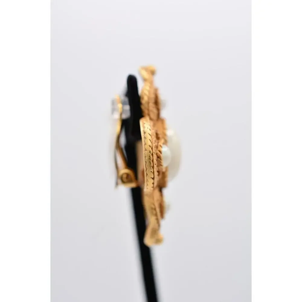 DKNY Vintage Clip On Earrings Maltese Brushed Antiqued Gold Pearl Signed BinAO
